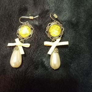 Dangling Faux Pearl and Yellow Rhinestone earrings